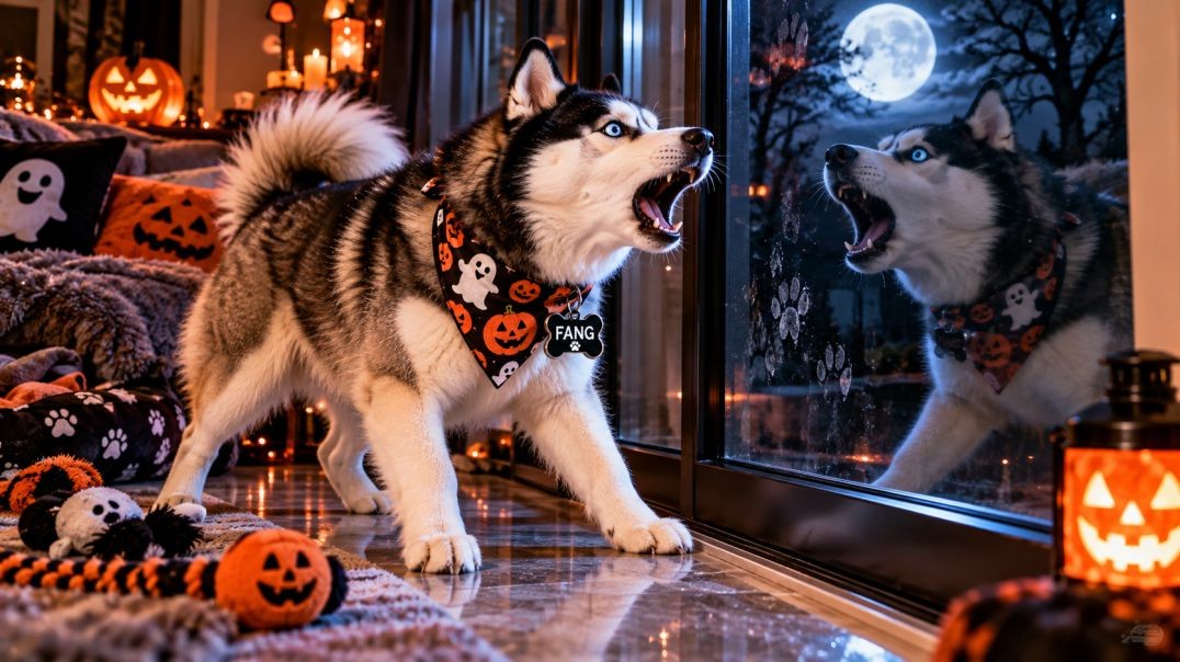 ⁣Dog barking at window reflection